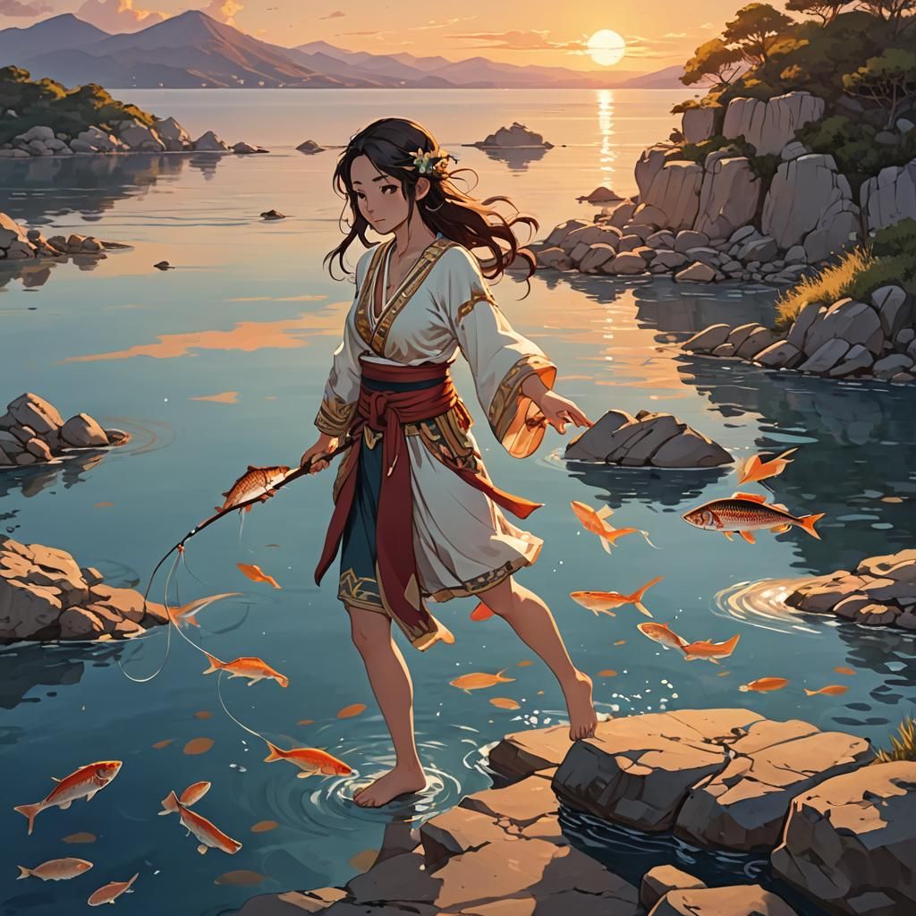 Minoan Girl Fishing at Sunset: Anime Key Visual
