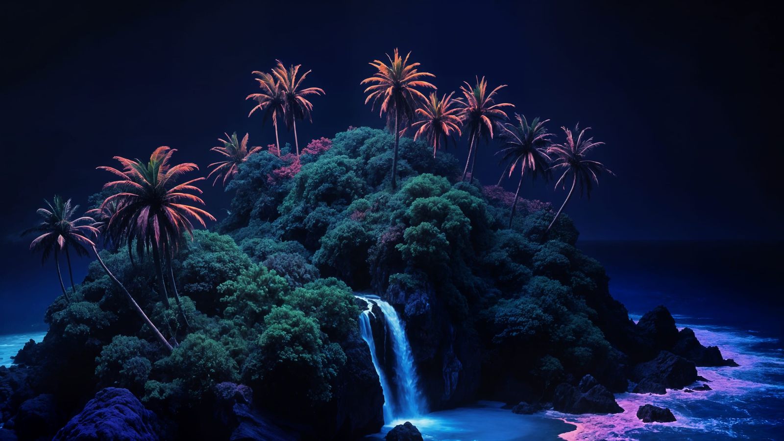 Glowing Tropical Island in Blacklight Poster Style