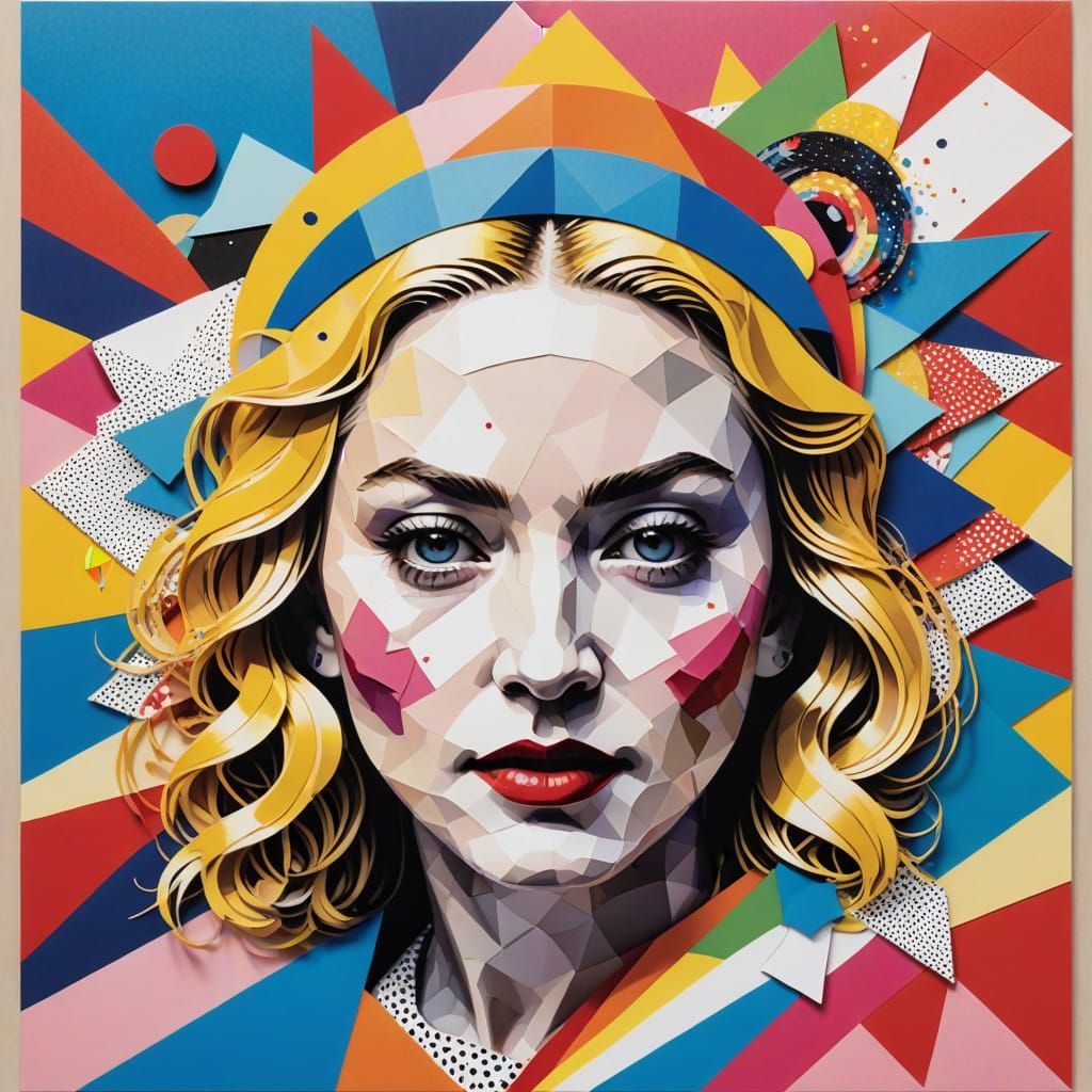 Vibrant Pop Art Madonna Portrait with Origami Folds and Pape...