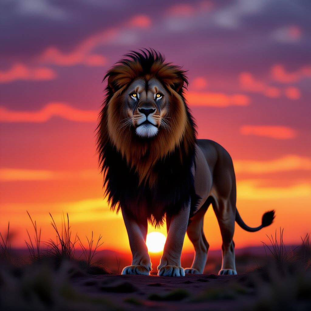 Majestic Lion Silhouette at Sunset in HDR Style