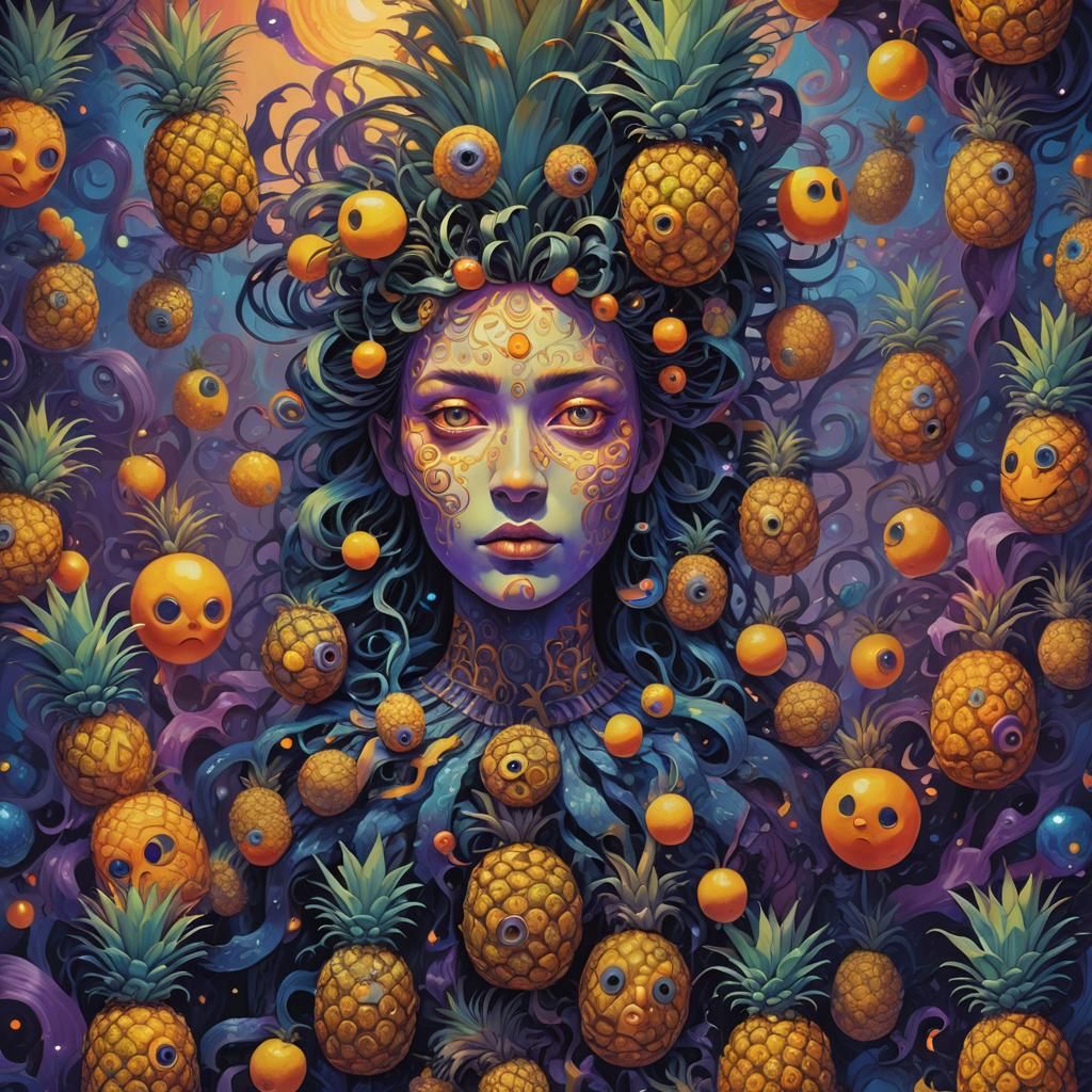 Surreal Dreamlike Figure Surrounded by Floating Pineapples