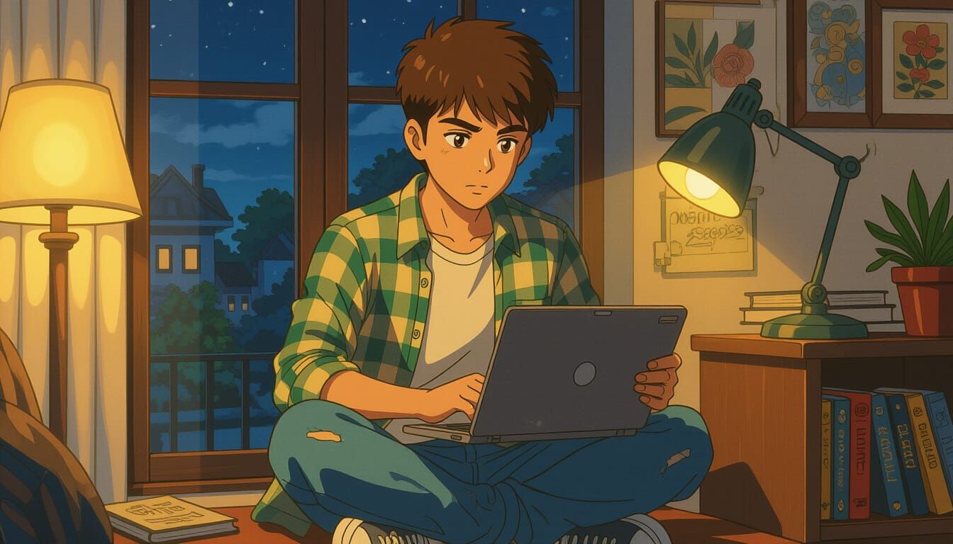 Teenage Boy Focused on Laptop in Lamplight