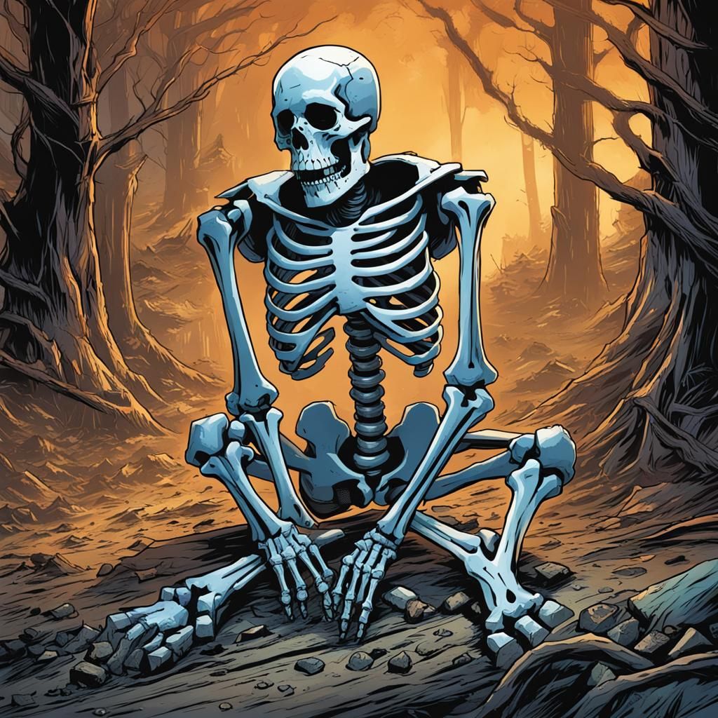 Damaged Skeleton Kneeling in Comic Book Art Style
