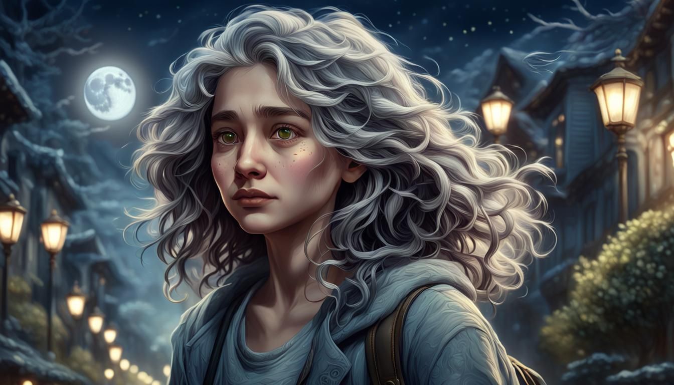 Woman Walks on Moonlit Night in Pixar Style