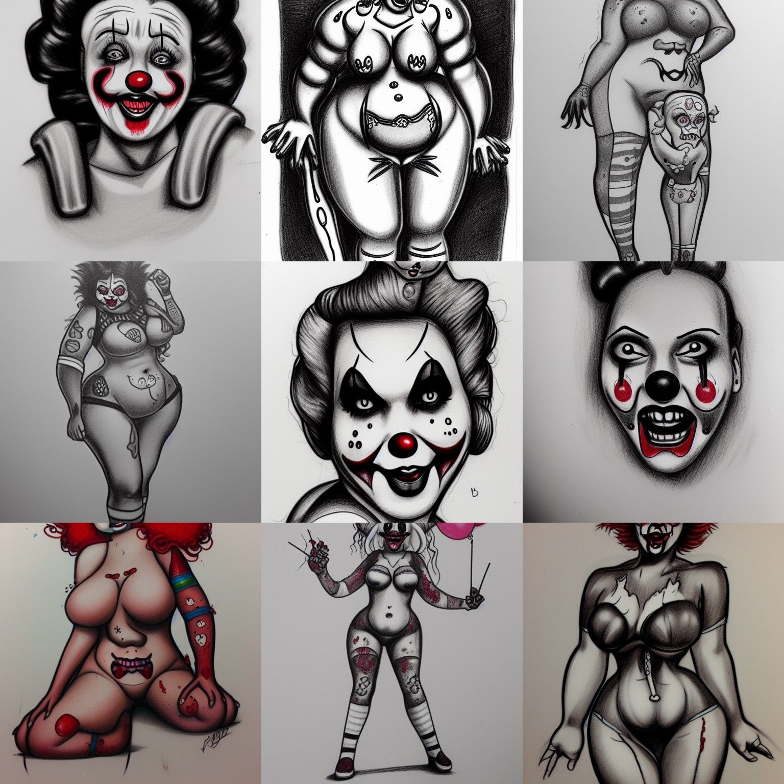 Clown Zombie Pinup in Lowbrow Pencil Sketch