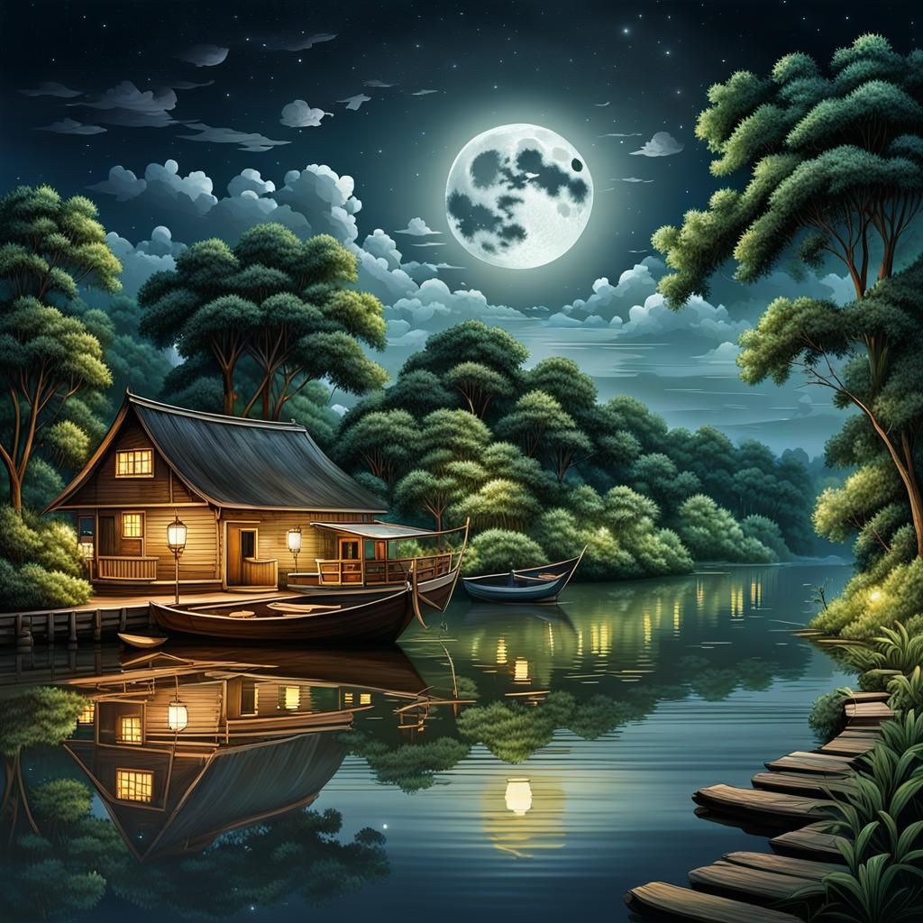 Serene Moonlit River Scene at Night
