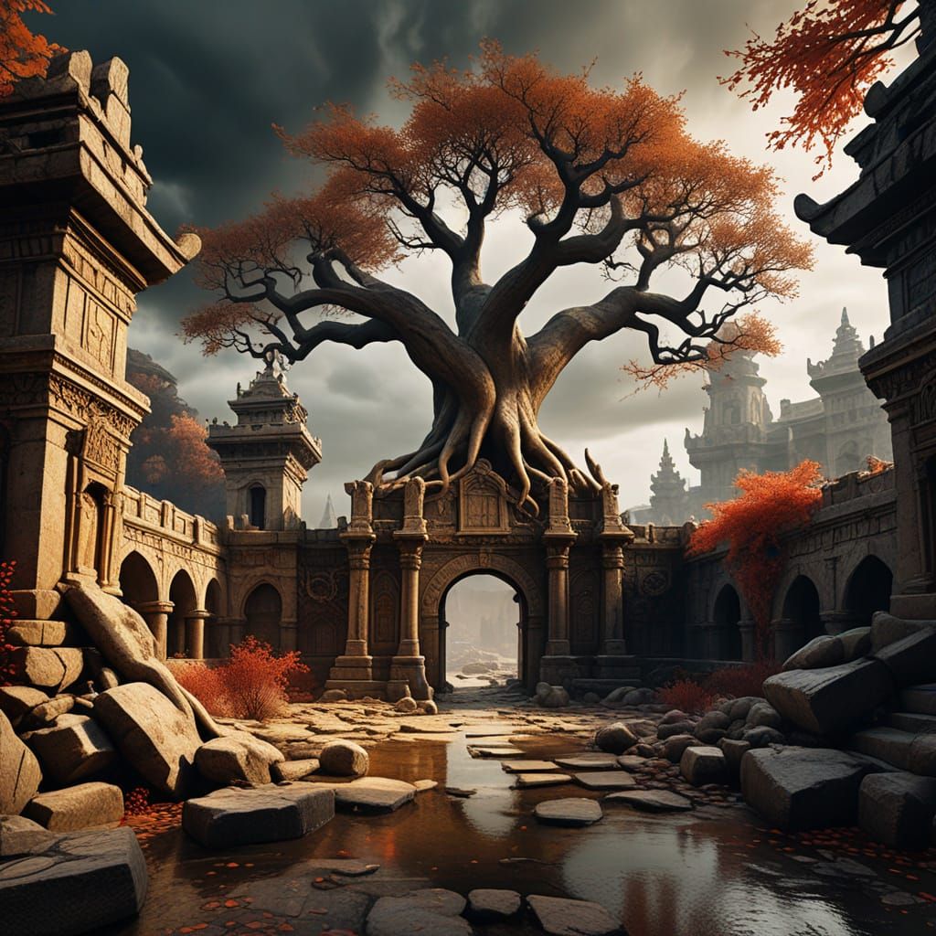 Ancient Cityscape in Mysterious, Weathered Stone