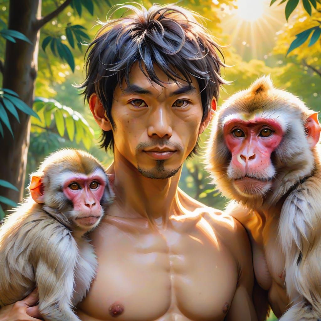 An adorable big-eyed smiling shirtless Japanese beefcake adu...