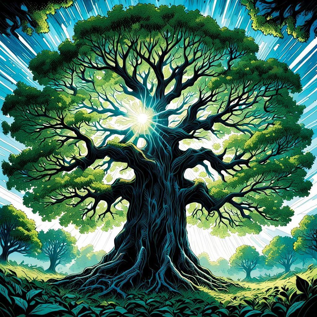 Giant Tree Shimmers in Sunlight: Comic Book Art