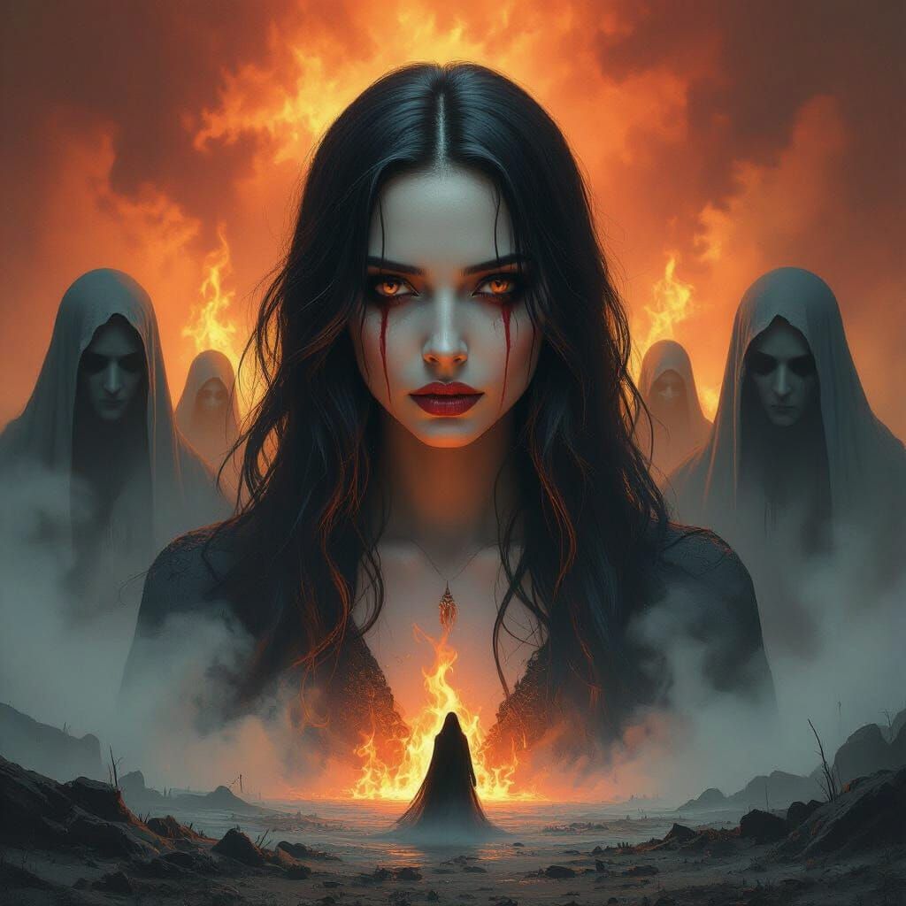 Gothic Fantasy Art: Woman with Crimson Tears and Spectral Fi...