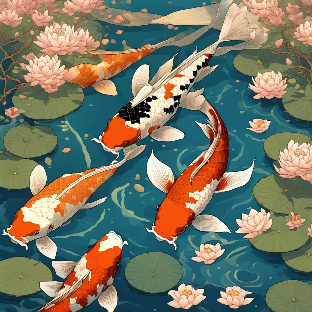 Koi in Garden Pond, Hokusai and Ngai Style