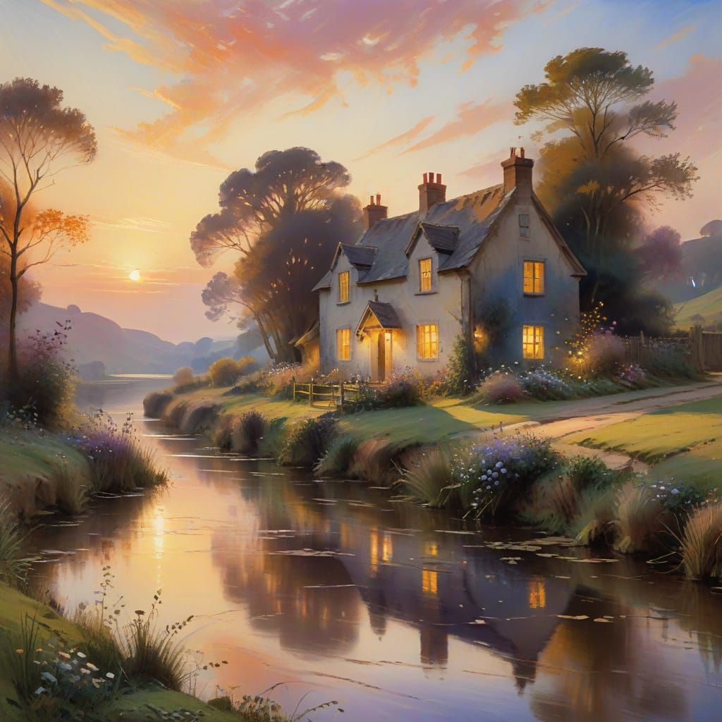 Rustic Country Cottages in Golden Sunset Light
