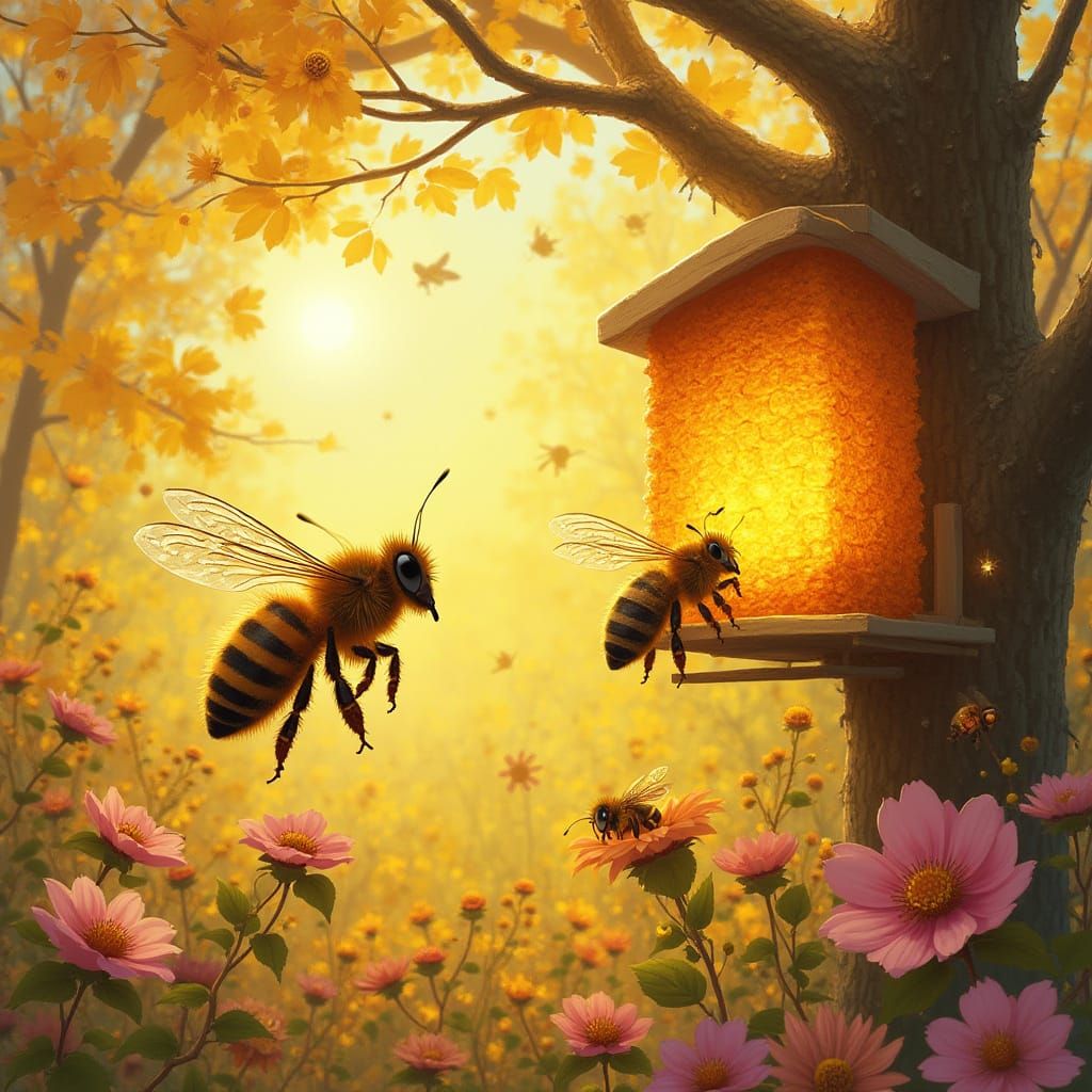 Honeybees Collecting Pollen in Art Nouveau Style