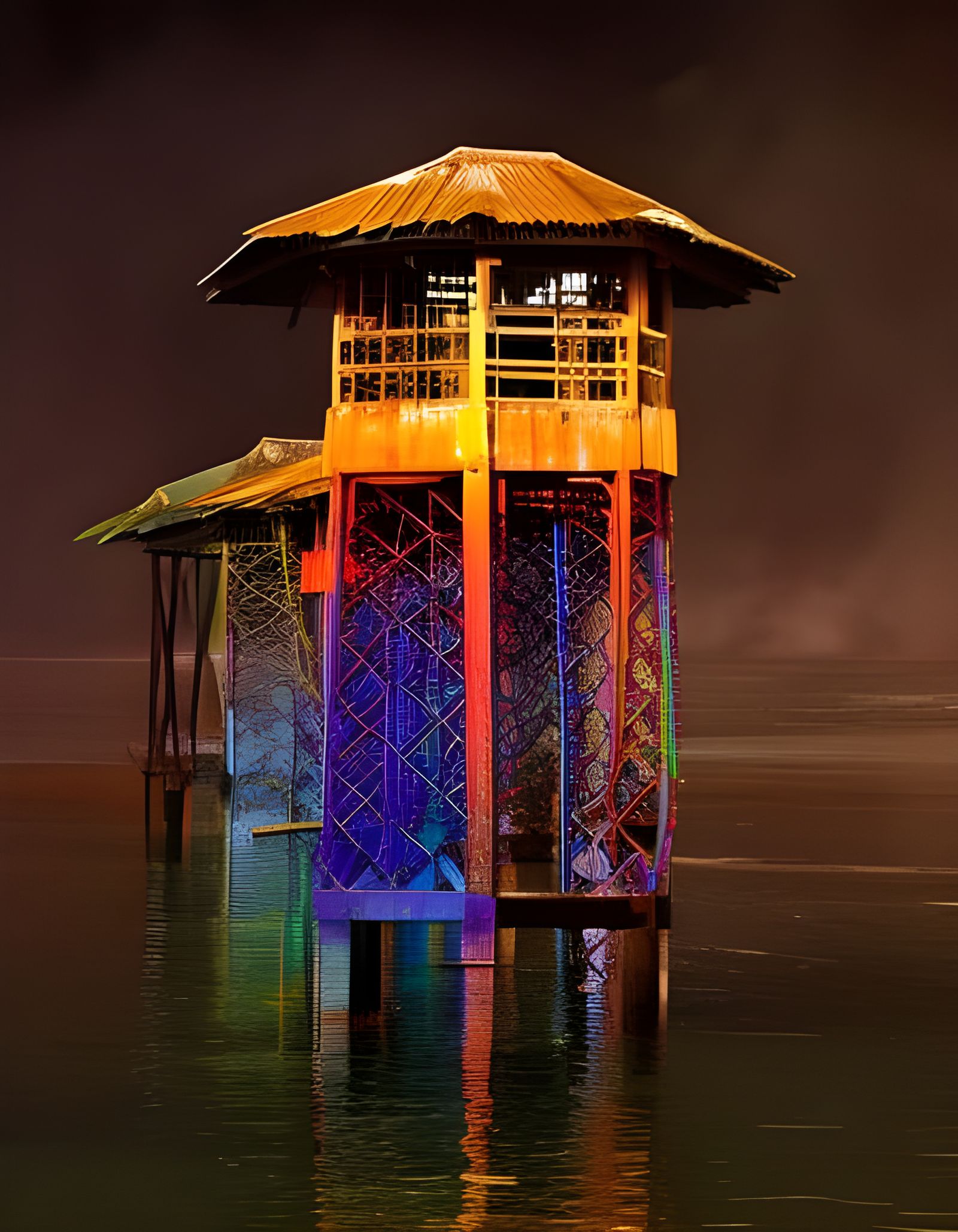 Hyperrealistic Jungle Village on Metal Structure in Stormy W...