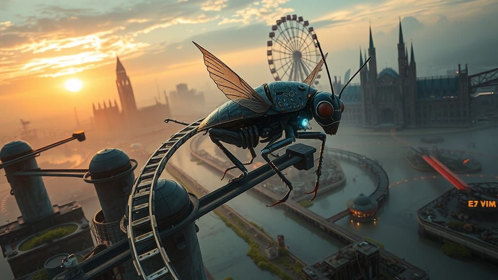 Cyborg Cockroach Flies Over Dystopian Amusement Park