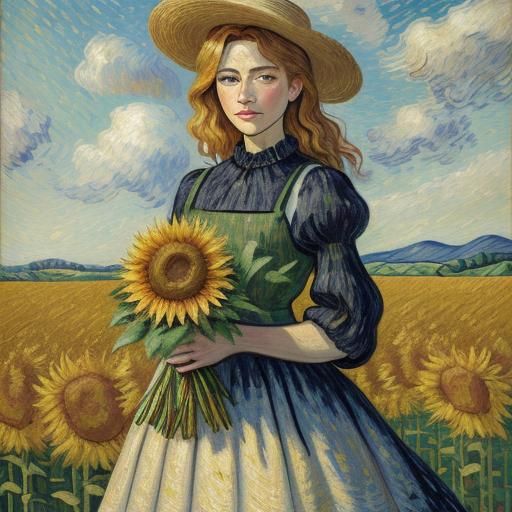 Woman with Sunflowers in Wheat Field as Impasto Painting
