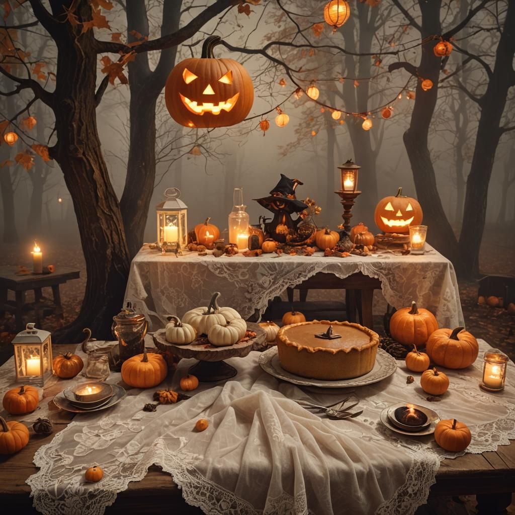 Cozy Autumn Scene with Pumpkin Pie and Mystical Forest