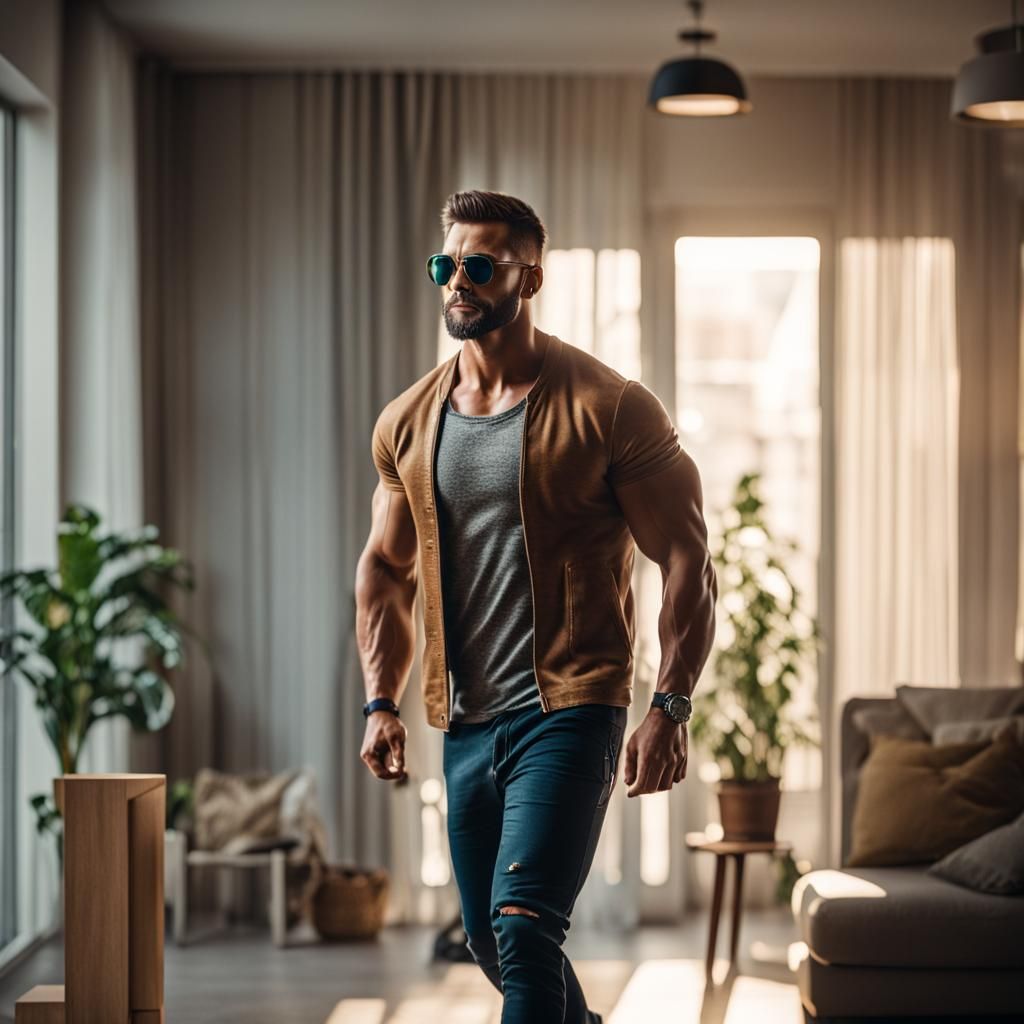 Muscle Man with Sunglasses in Sharp Focus