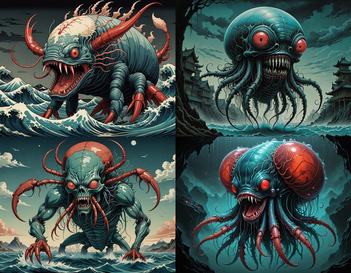 Cyberpunk-Style Japanese Mythological Horror Scene