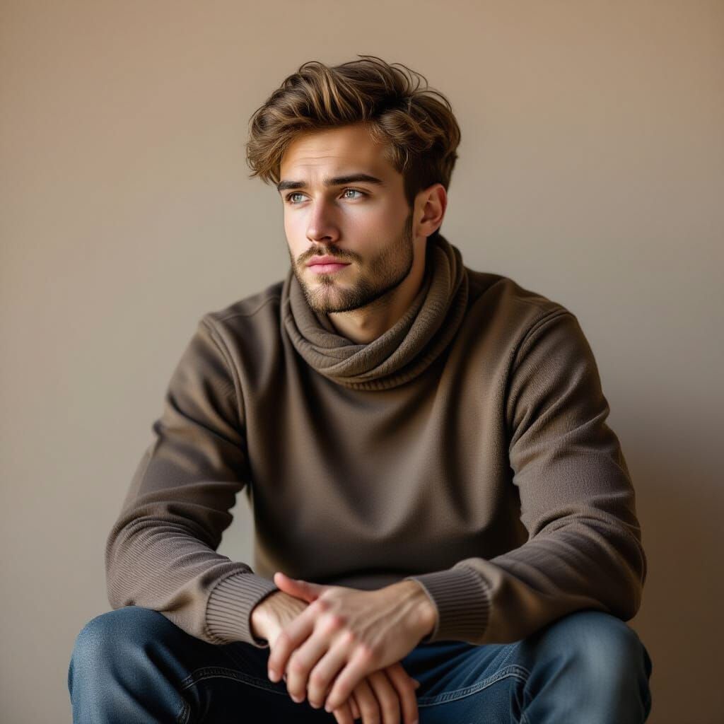 Melancholy Young Man Sitting on Wooden Stool as Oil Painting