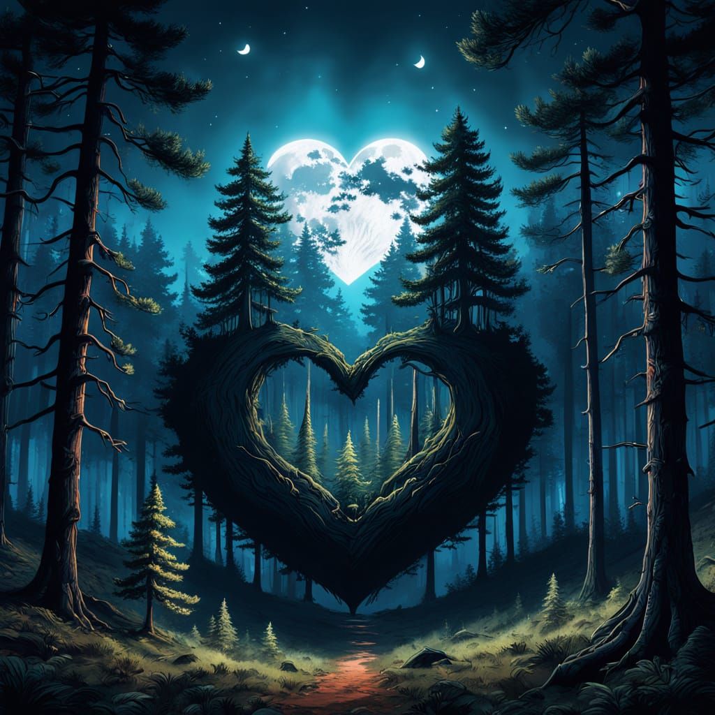 Foggy Pine Forest Under Heart Moon