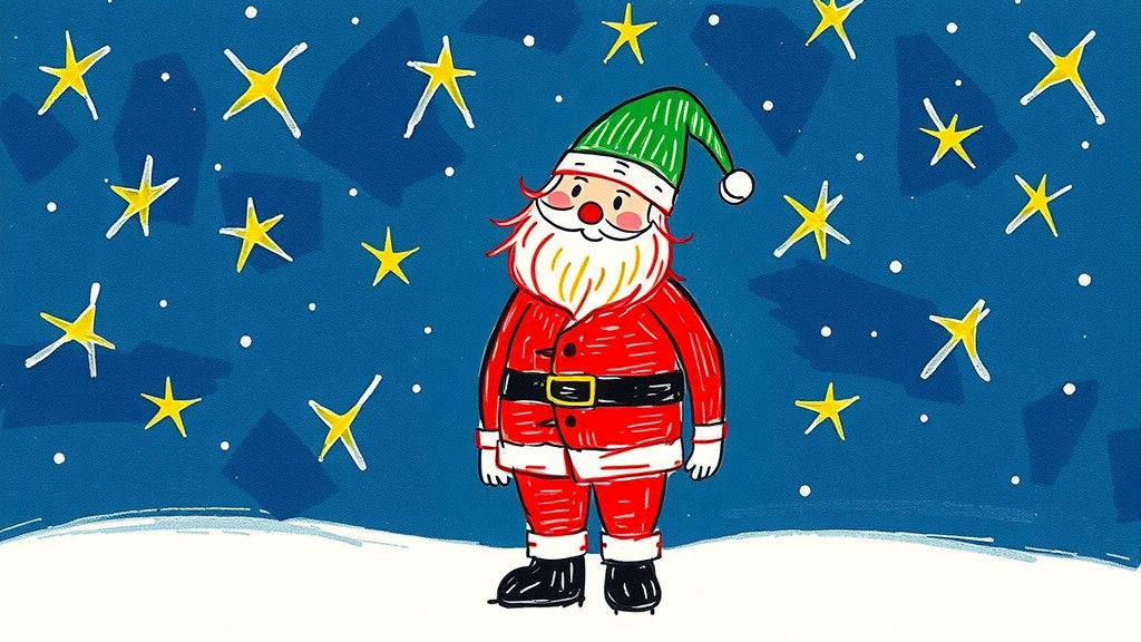 Naive Crayon Drawing of Santa Claus at Night