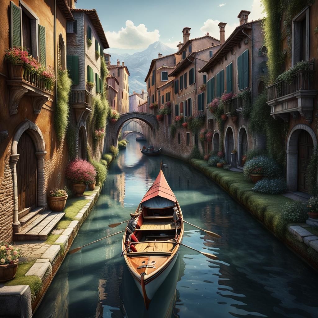 Canoe Sailing Down Italian Canal in Watercolour