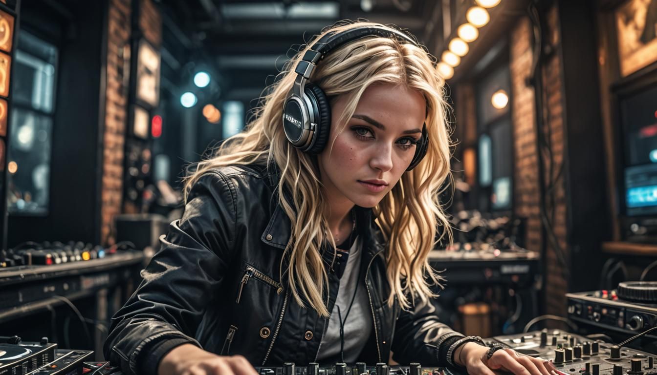 Hyperrealistic Blonde Girl DJ in Sharp Focus