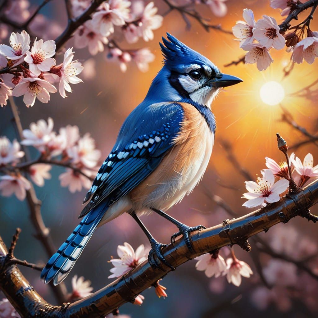Bluejay on Cherry Blossom in Expressionist Impasto Painting