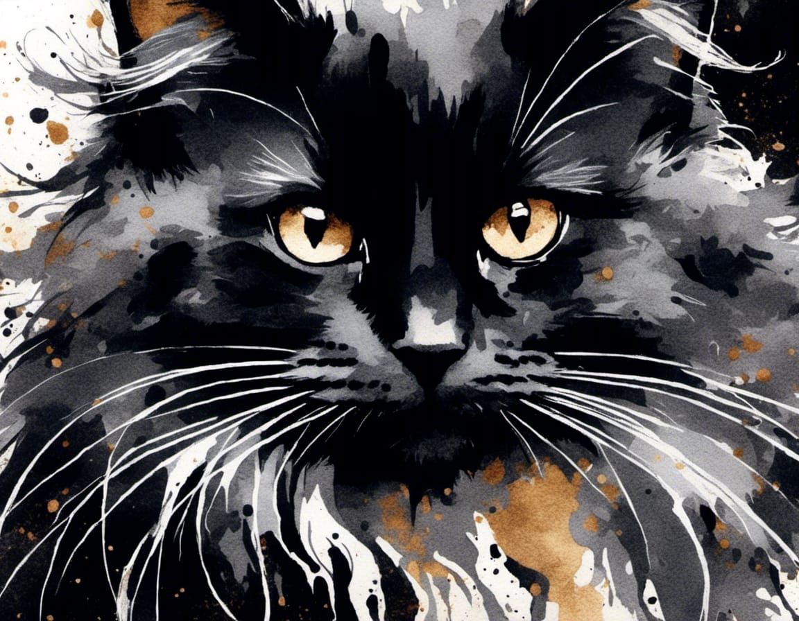 Dynamic Watercolor Black Cat with Fluffy Tail