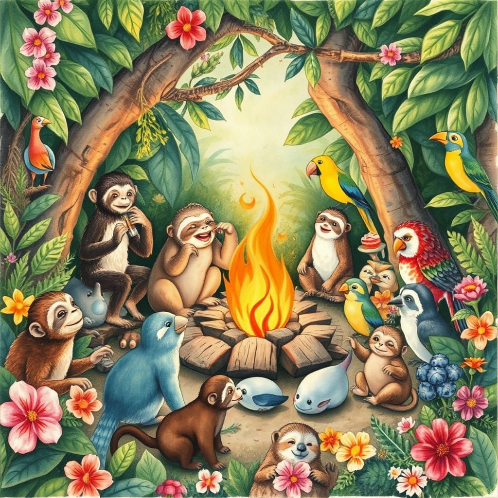 Whimsical Jungle Gathering in a Vibrant, Fantastical Style