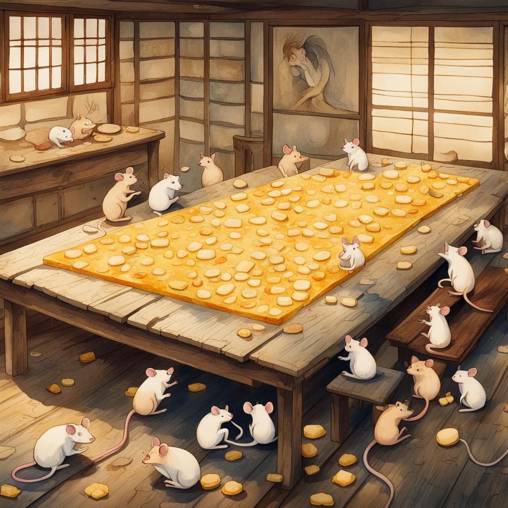 Mice Feast in Japanese House: Folk Art Watercolor