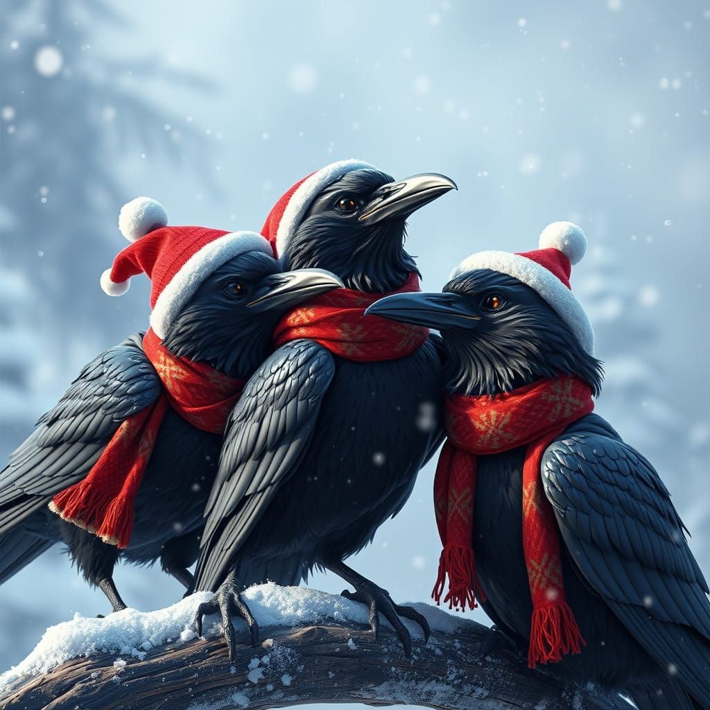 Fantastical Ravens in Festive Wonderland, Detailed Matte Pai...