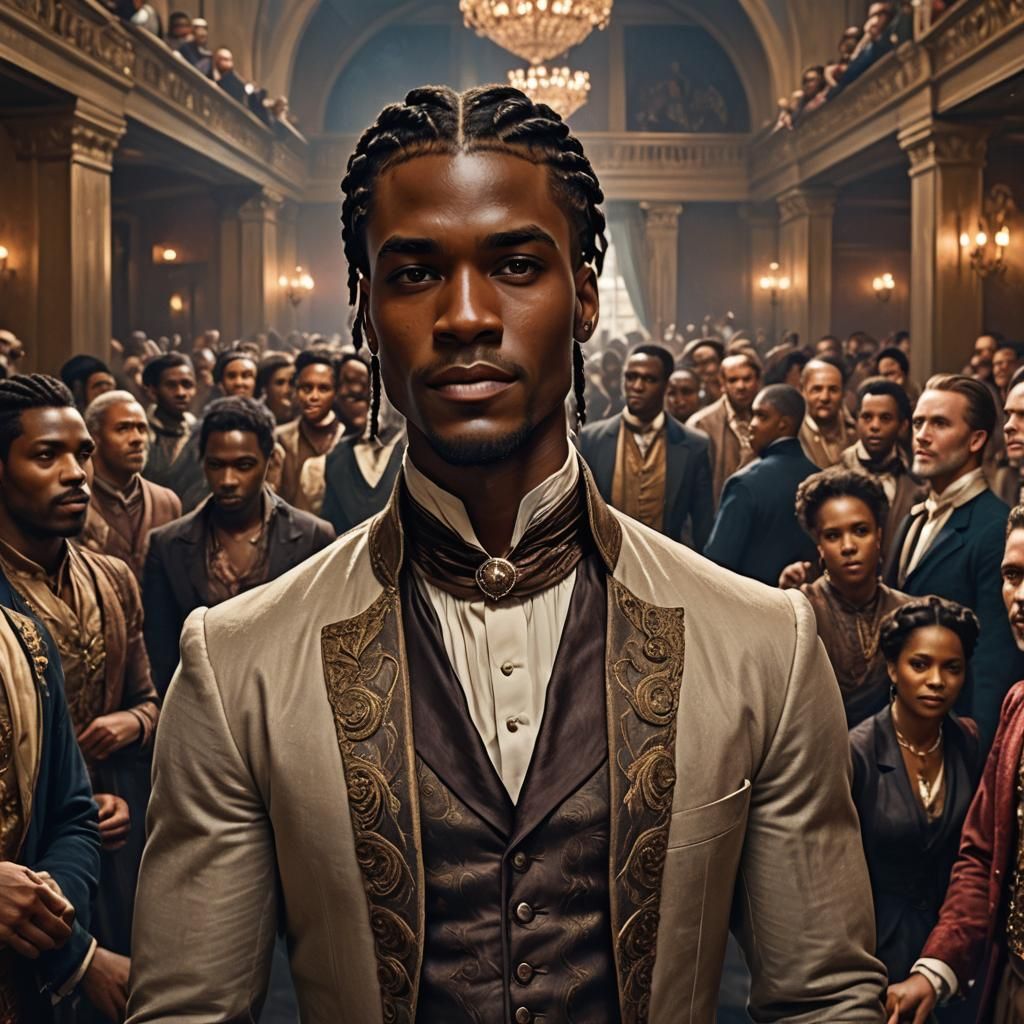 Regency Black Man in Crowded Ballroom: Detailed Digital Art