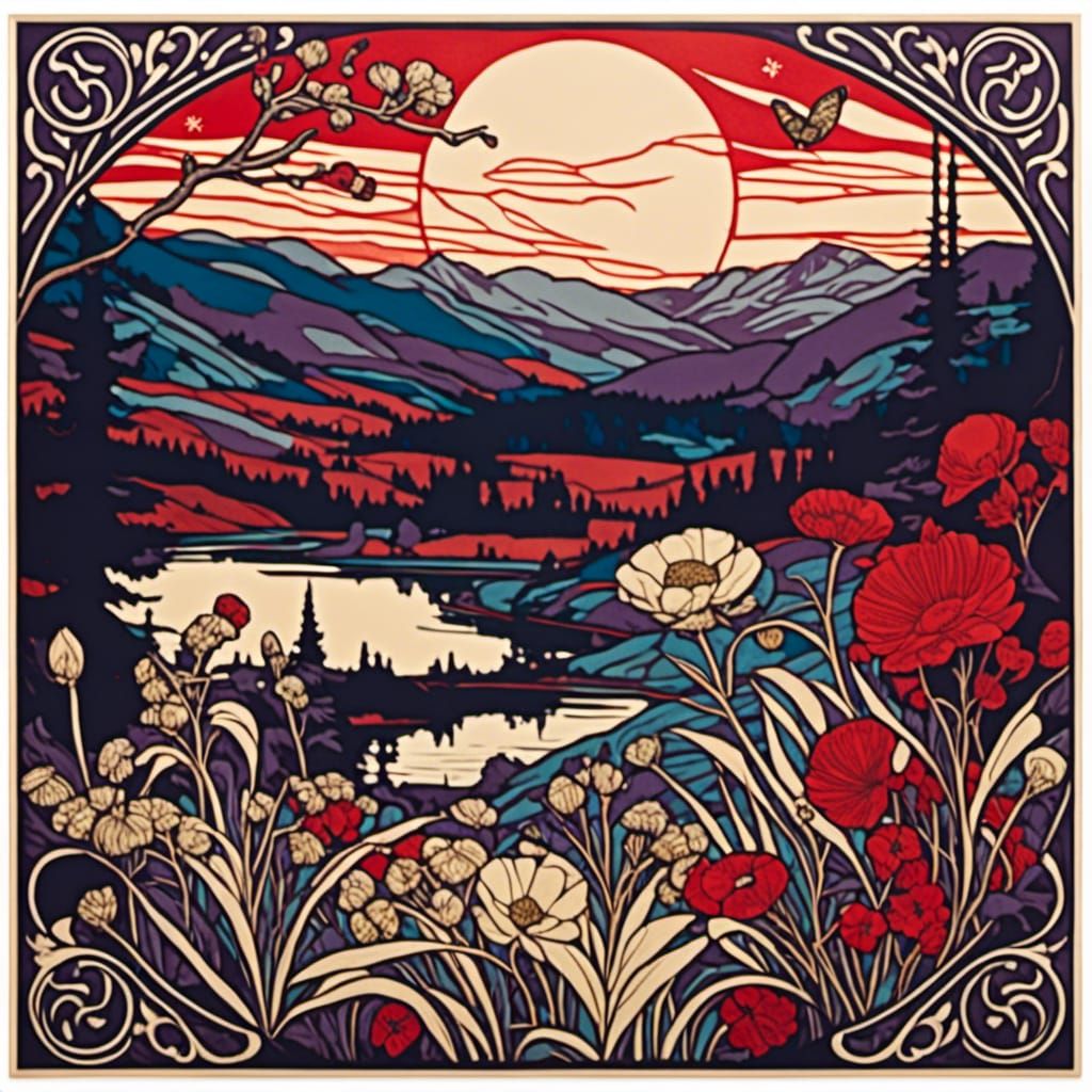 Art Deco Woodcut of Vermont Landscape