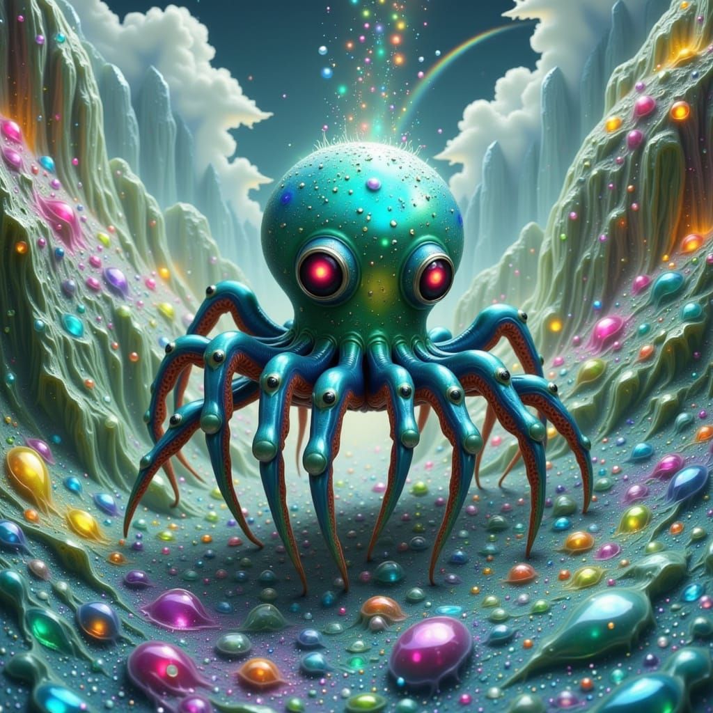 Surreal Cyberpunk Landscape with Enchanted Spider-Octopus
