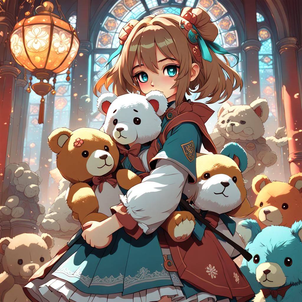 Anime Girl with Stuffed Animal, Detailed Digital Art