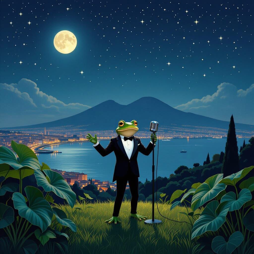 Humanoid Frog Sings in Nocturnal Naples Landscape