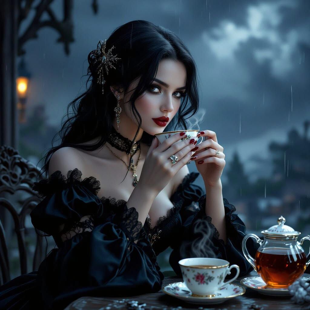 Gothic Beauty Sips Tea on Stormy Night