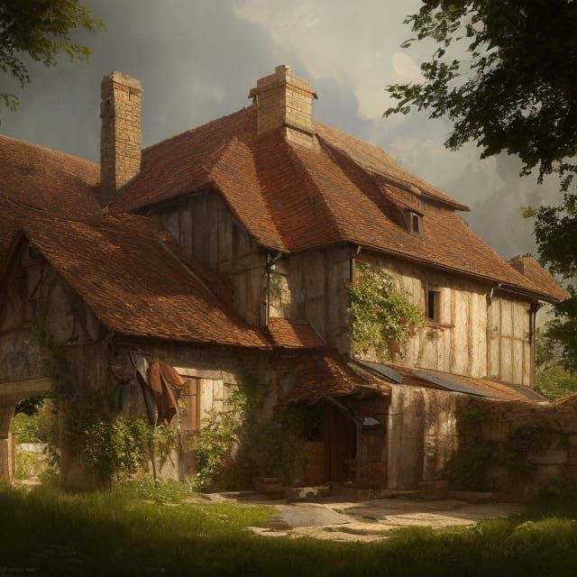 Medieval Farmhouse Concept Art in Orange and Teal