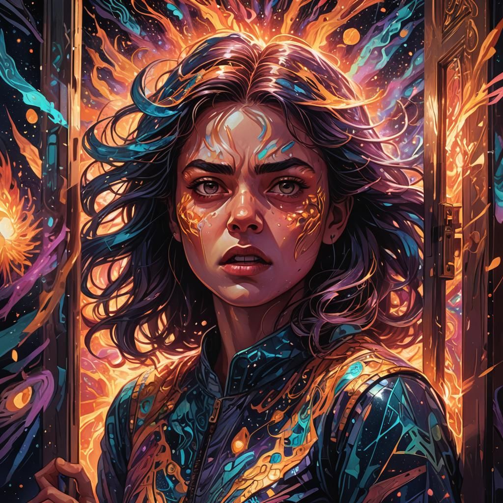 Furious Girl Slamming Door in Holographic Art Style