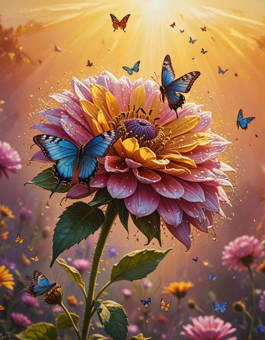 Surrealist Masterpiece: Majestic Flower Scene in Warm Golden...