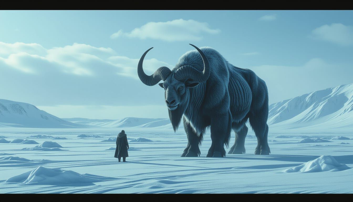 Alien Ruminant in Icy Tundra: A Dark Sci-Fi Vision
