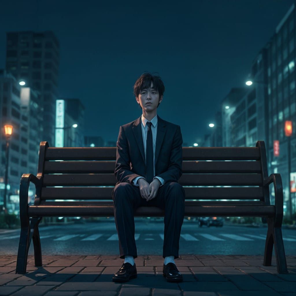 Salaryman on Bench in Anime Style