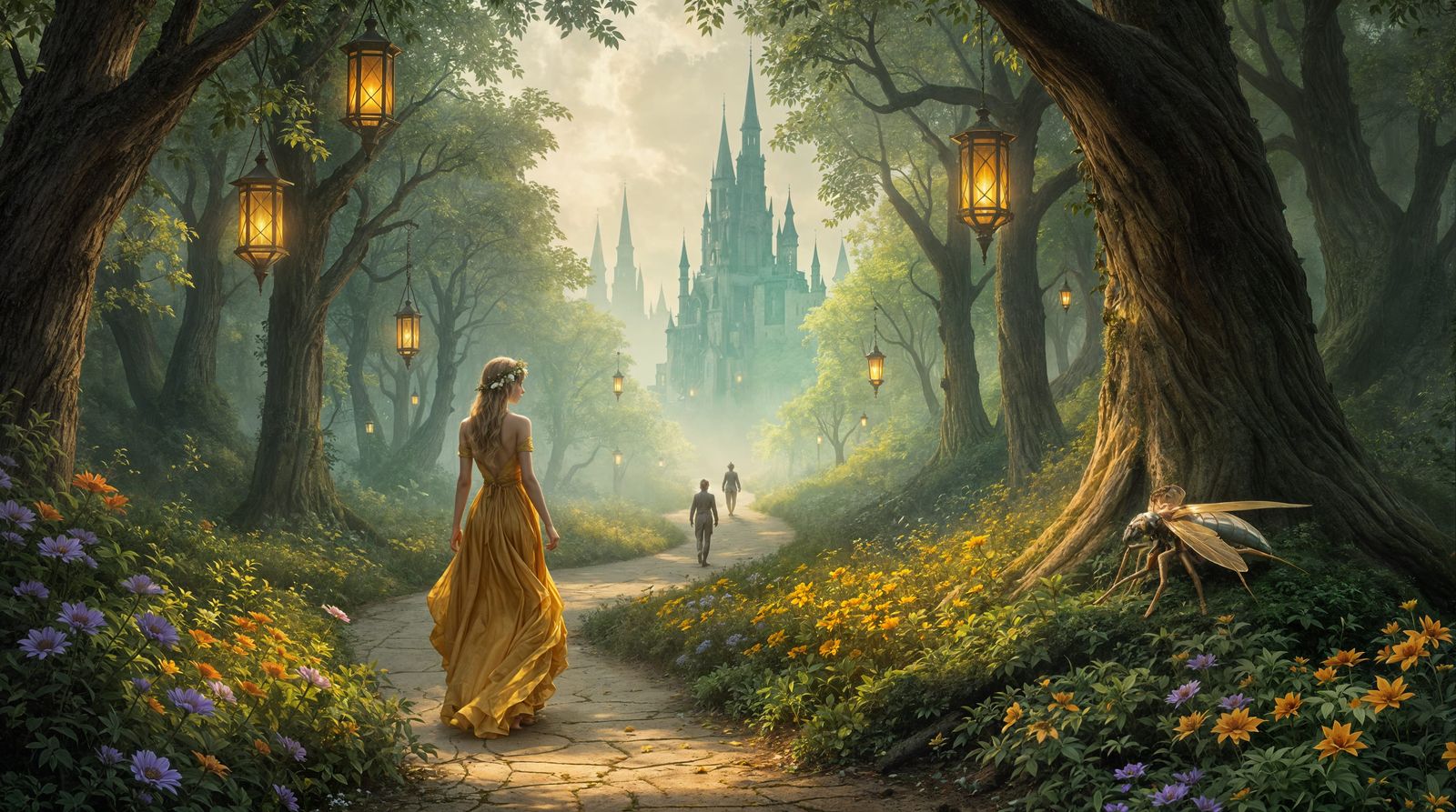 Fantasy Woman Walks Through Lantern-Lit Emerald Forest