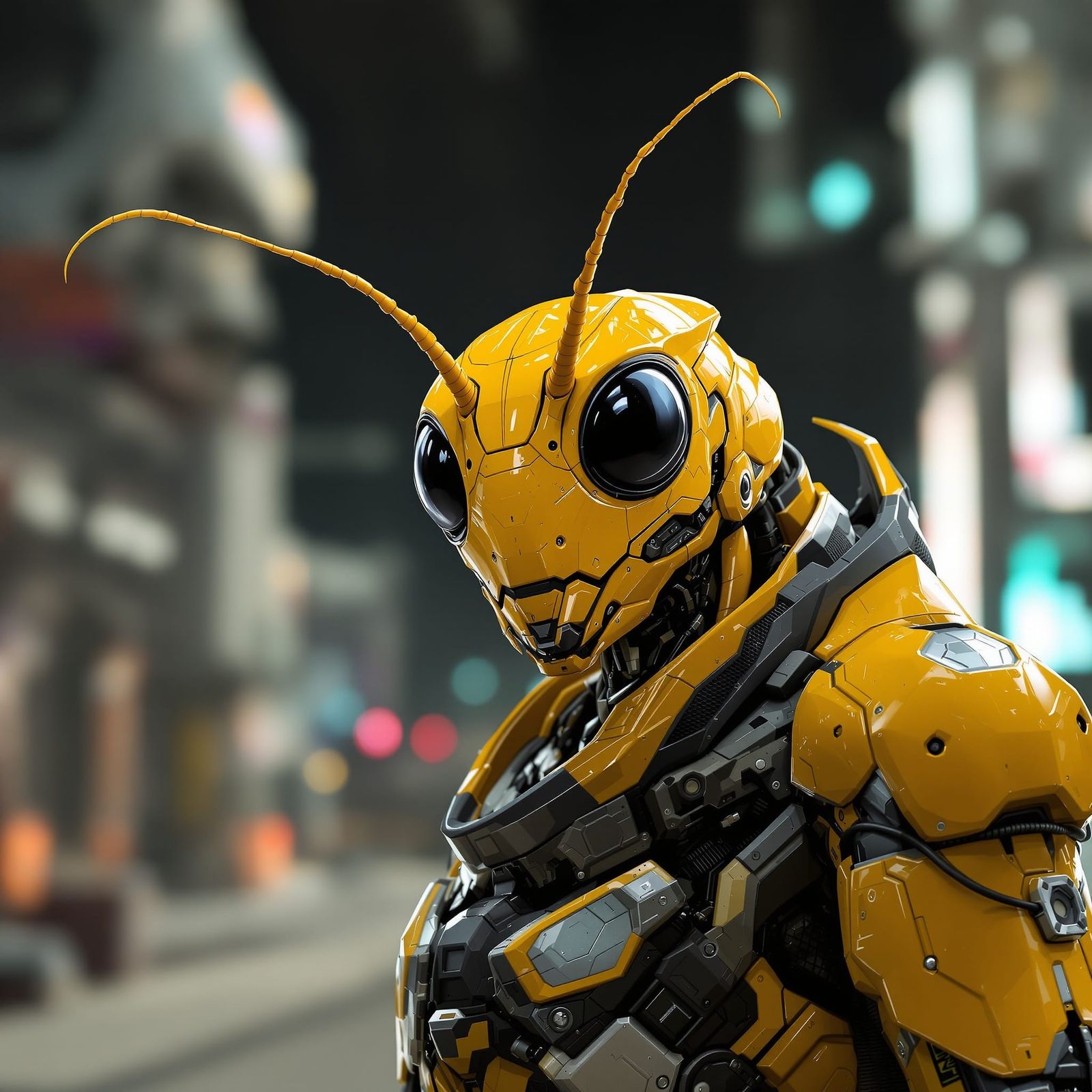 Sci-Fi Grasshopper Warrior in Spaceport, Digital Painting