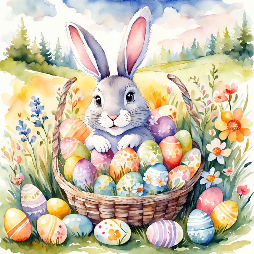 Whimsical Easter Scene in Watercolor Style
