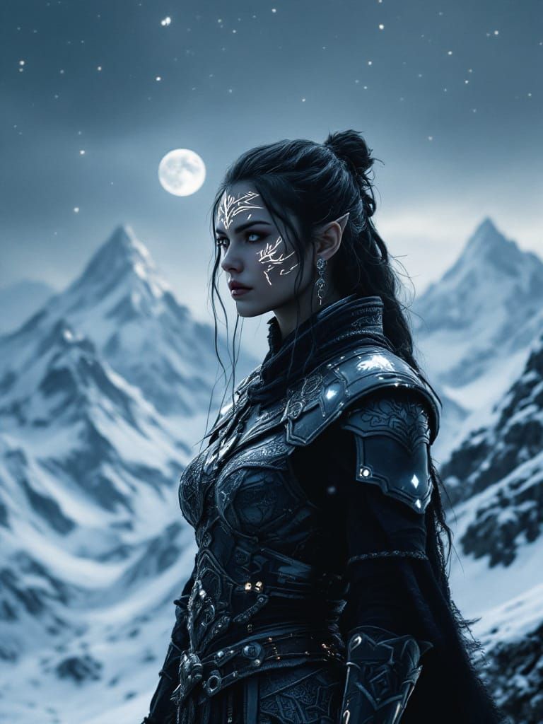 Warrior Woman on Snowy Peak in Ethereal Fantasy Style
