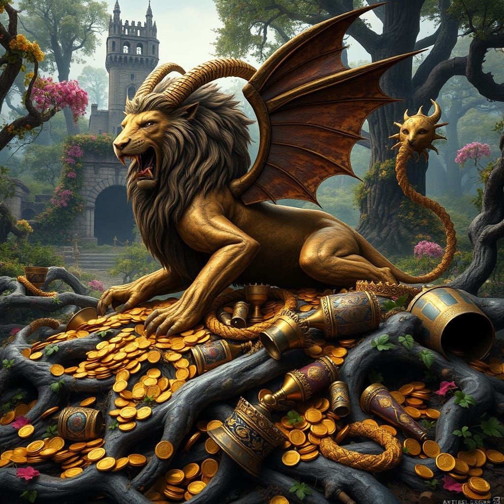 Majestic Chimera Guards Treasure Trove in Ancient Forest