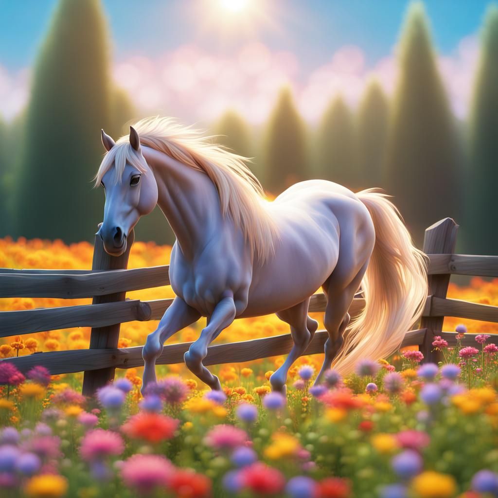 Happy Horse Prancing in Sunny Flower Field